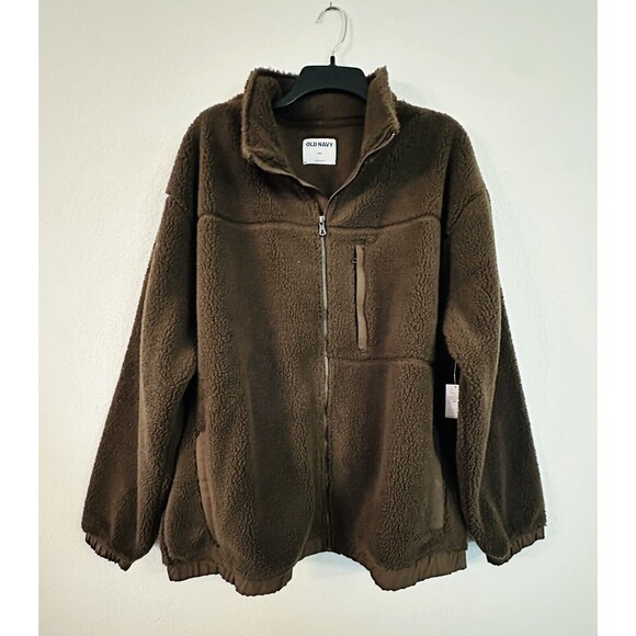 OLD NAVY Oversized Brown Sherpa‎ Full Zip Sweater Women's SIZE XXL NWT - Picture 1 of 7